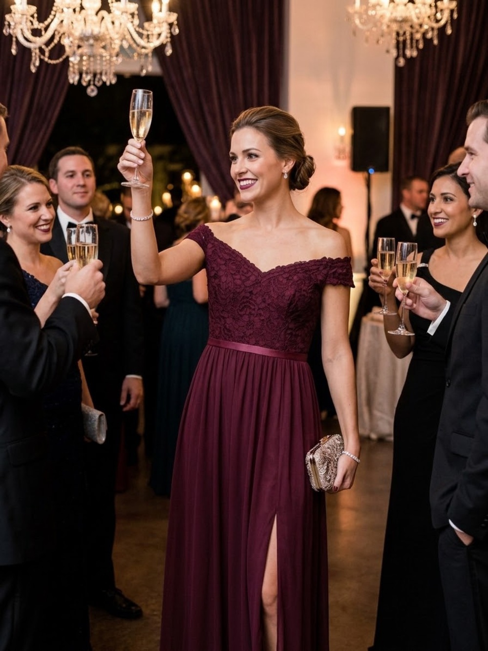 David's Bridal One-Shoulder Lace & Chiffon Gown in Burgundy